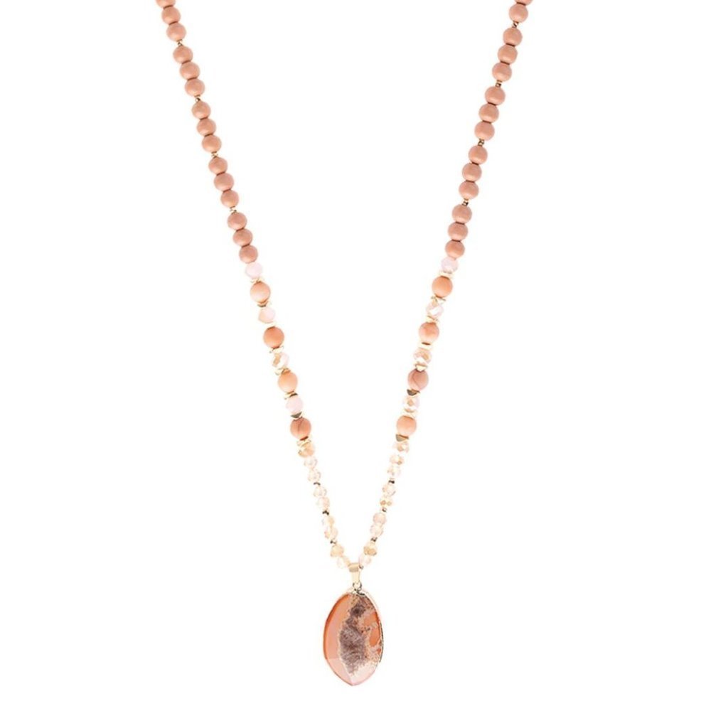 Riah Fashion Pink Natural Stone Pendant. Long Necklace.